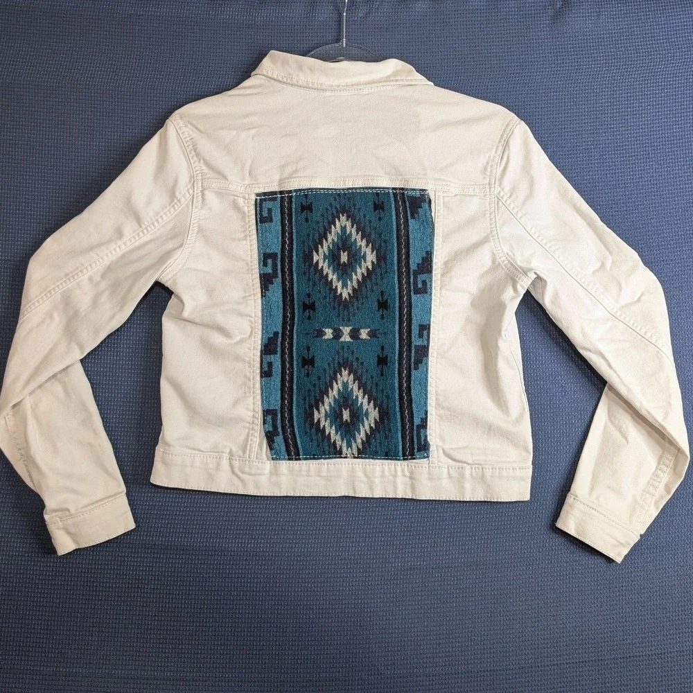 Wonder Nation Girls White Denim Jacket Southwestern Woven Panels XL 14-16 Boho